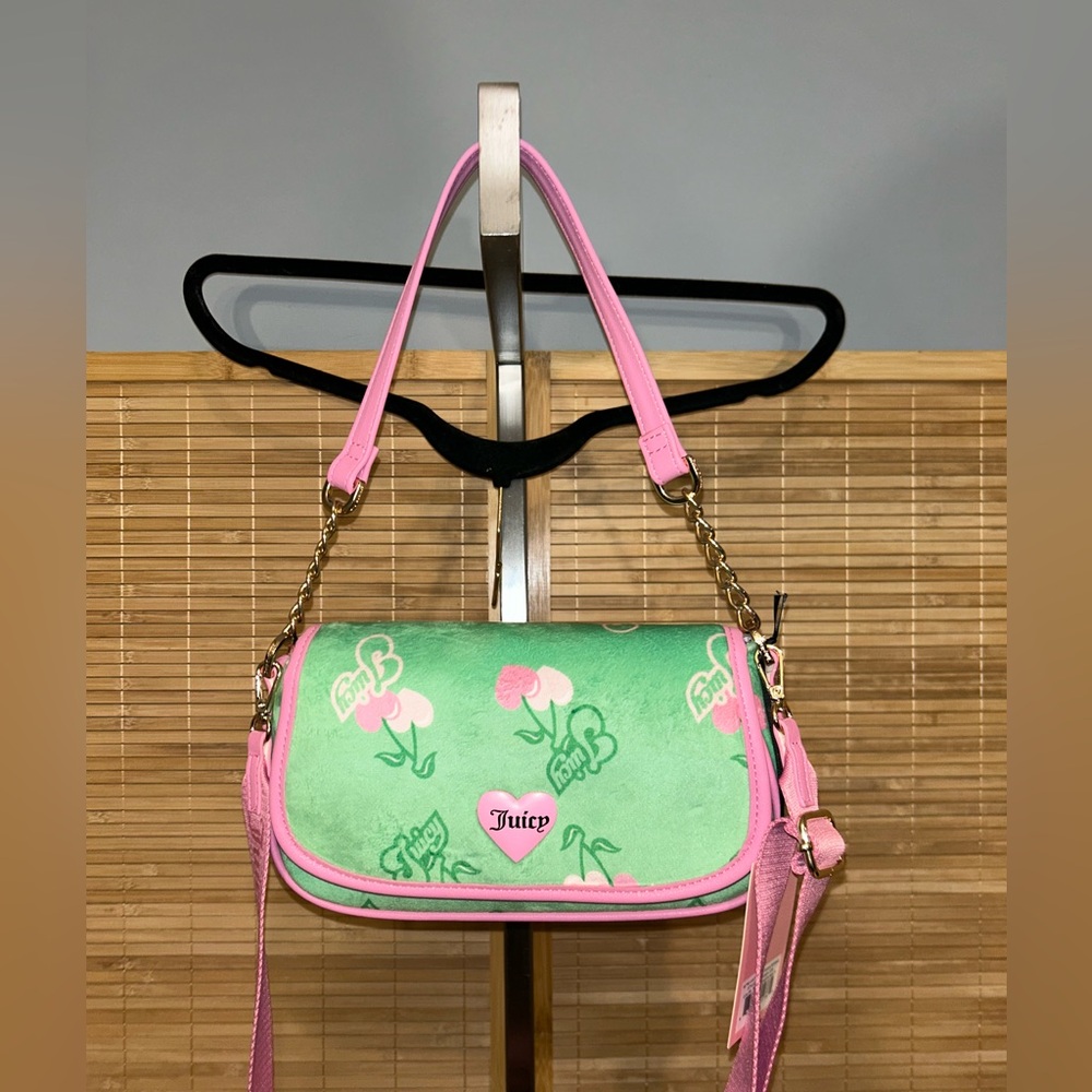 Juicy Couture Retro Juicy Cherry Flap Over Shoulder Bag, green/pink purse NWT